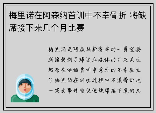 梅里诺在阿森纳首训中不幸骨折 将缺席接下来几个月比赛