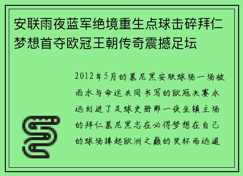安联雨夜蓝军绝境重生点球击碎拜仁梦想首夺欧冠王朝传奇震撼足坛