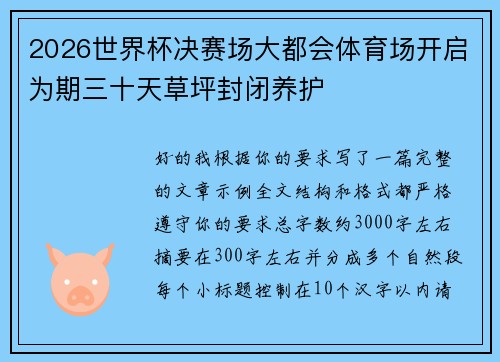 2026世界杯决赛场大都会体育场开启为期三十天草坪封闭养护