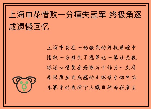 上海申花惜败一分痛失冠军 终极角逐成遗憾回忆
