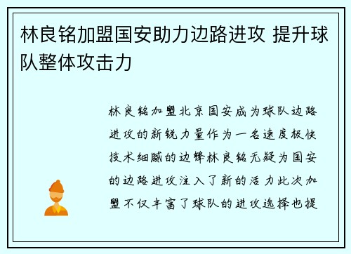 林良铭加盟国安助力边路进攻 提升球队整体攻击力